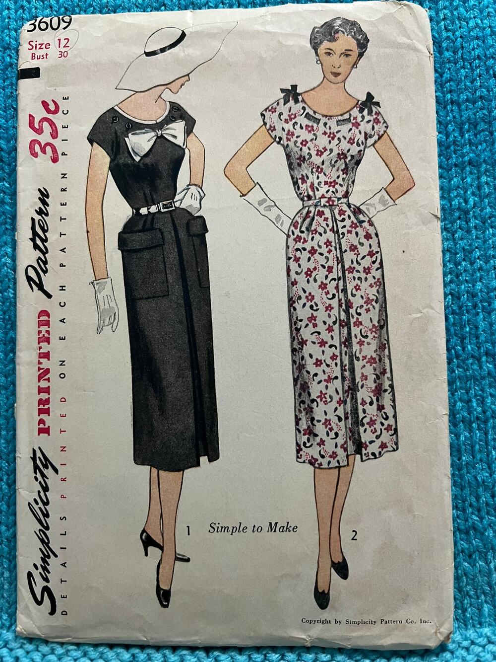 Simplicity 3609 pattern dress pencil skirt pockets 1950s size 12